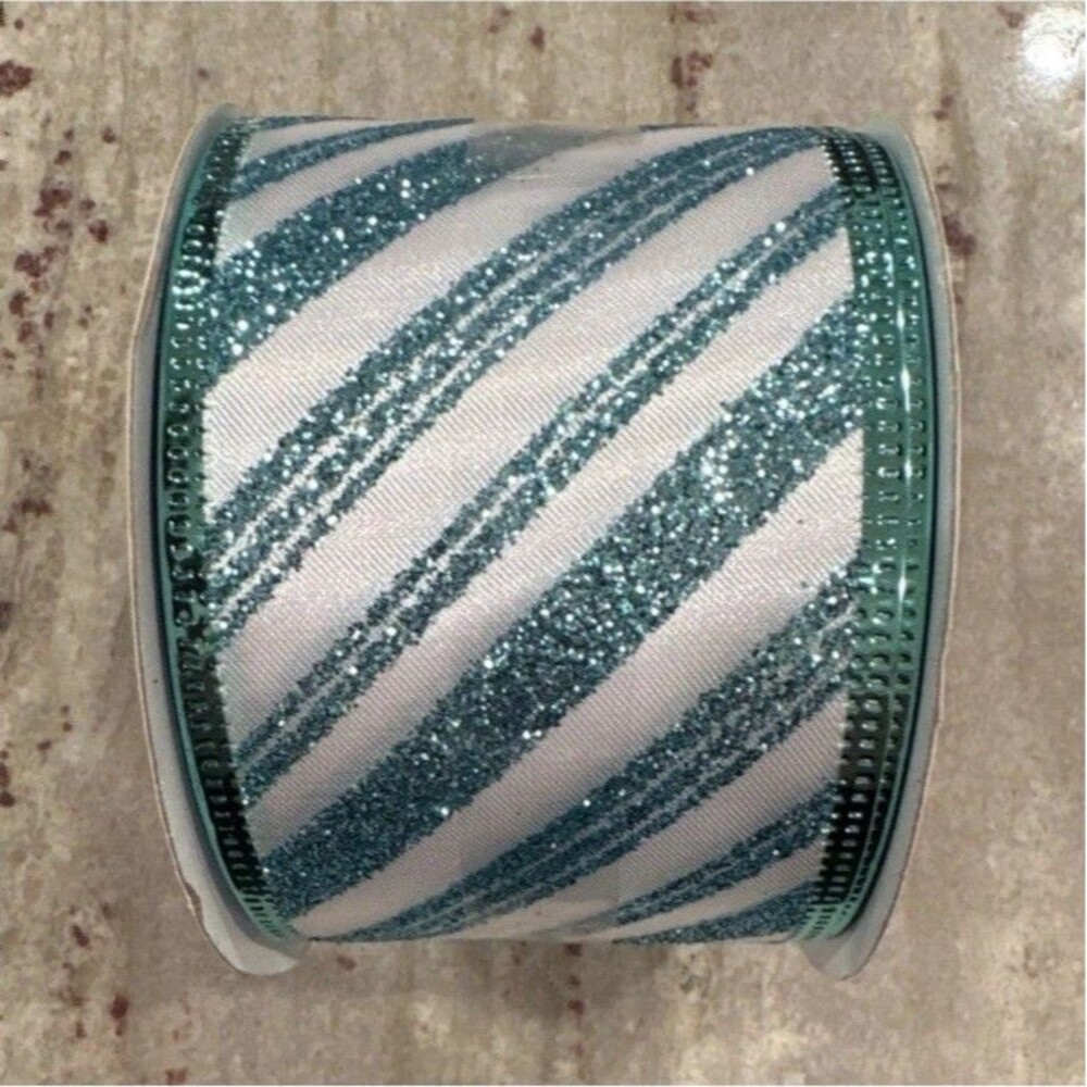 Wire-Edged Glitter Ribbon Spool 2 1/2" x 20 ft White/Teal